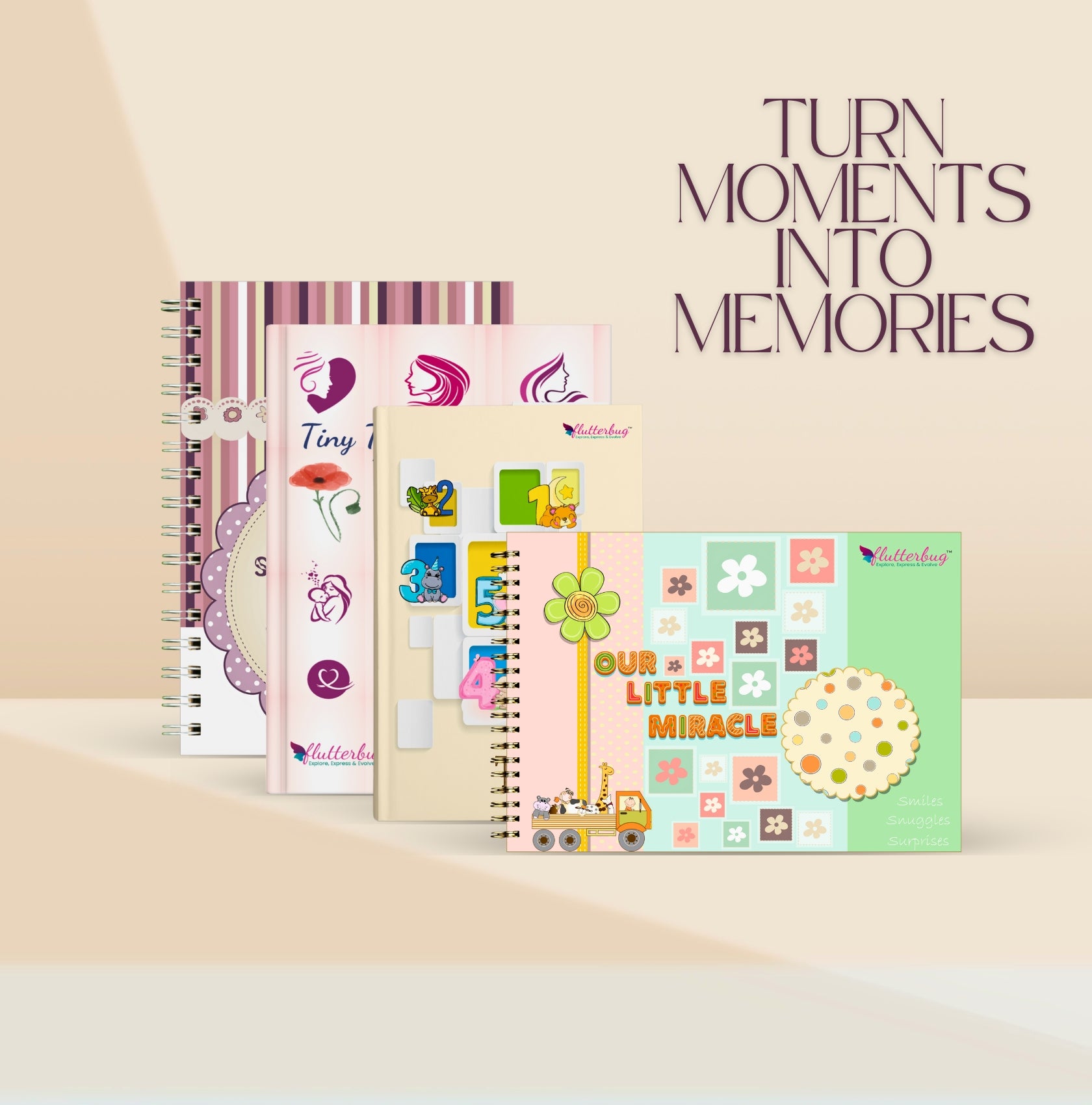 FLUTTERBUG Baby Scrapbook & Keepsake Album Set | 4-Piece Memory Collection | Document Every Special Moment from Pregnancy to First Years