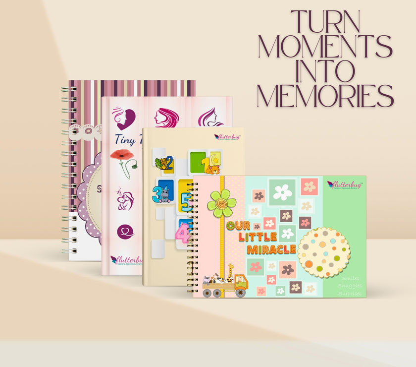 FLUTTERBUG Baby Scrapbook & Keepsake Album Set | 4-Piece Memory Collection | Document Every Special Moment from Pregnancy to First Years
