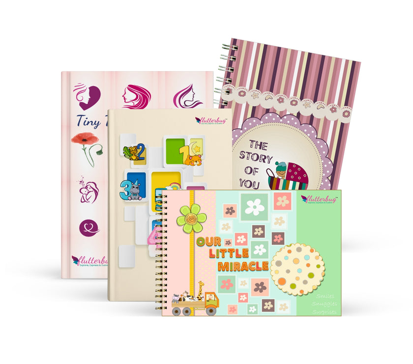FLUTTERBUG Baby Scrapbook & Keepsake Album Set | 4-Piece Memory Collection | Document Every Special Moment from Pregnancy to First Years